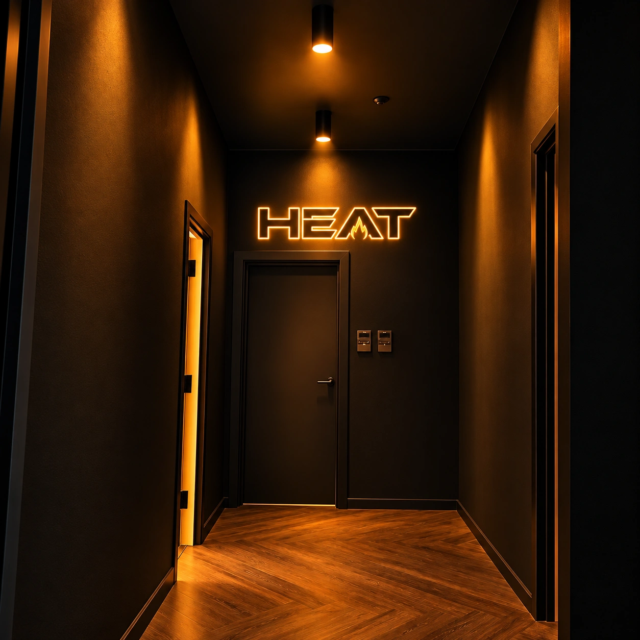 Studio concept: a dark entrance with orange lighting, a HEAT sign and a herringbone floor.