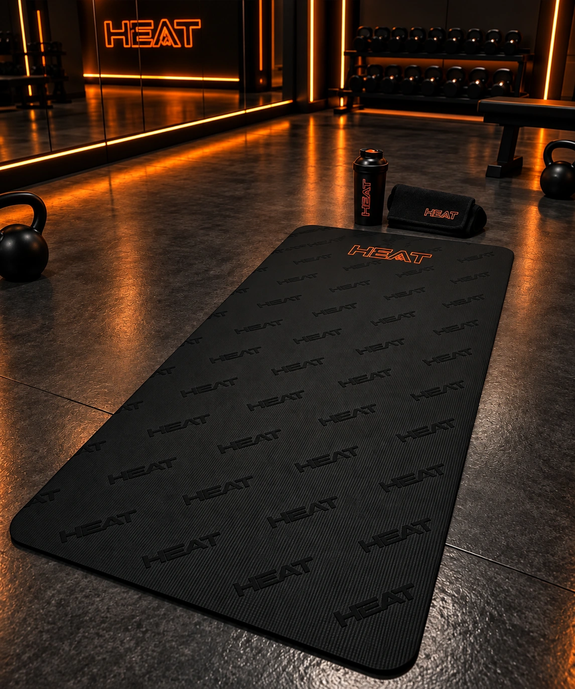 Studio concept: a HEAT mat and kettlebells on a dark floor beside orange-lit mirrors.