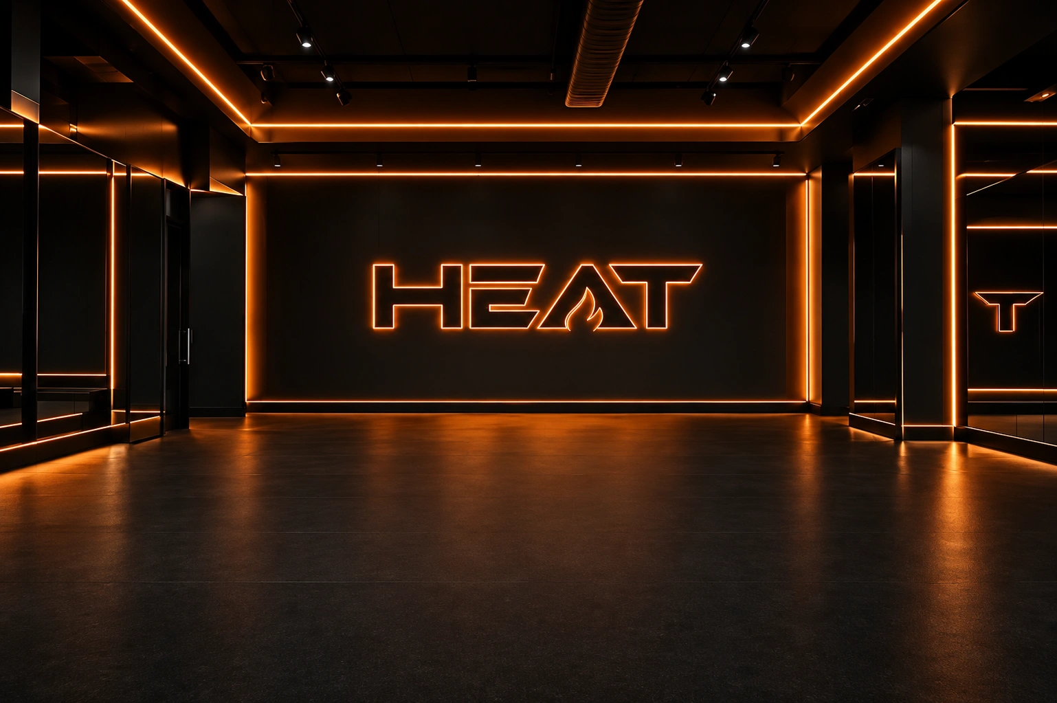 Studio concept: a clean wide studio with mirrored walls, orange perimeter lighting and HEAT branding.